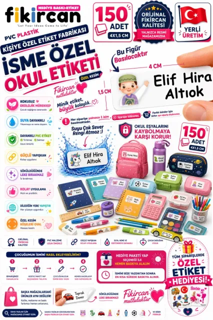 İsme Özel Okul Etiketi - 150 Adet - 1.5 x 4 cm - PVC Etiket - FİGÜR 139