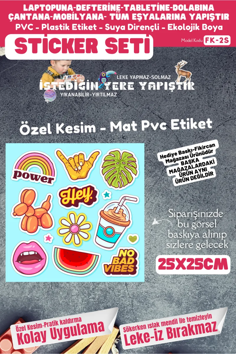 Fikircan Etiket Seti 25x25cm Pvc Sticker -Defter-Laptop-Tablet-Telefon-Dolap-Cam vb Her yere Yapışır — fotoğraf 1