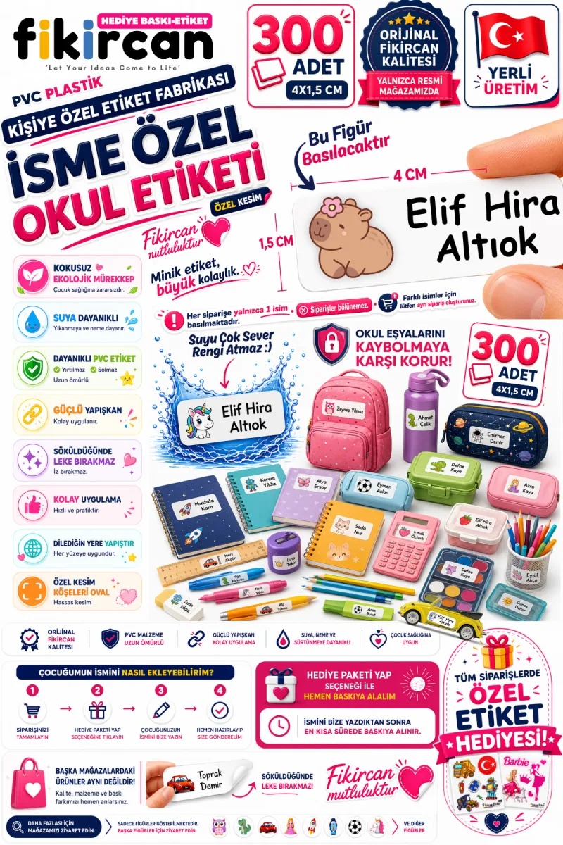 İsme Özel Okul Etiketi - 300 Adet - 1.5 x 4 cm - PVC Etiket - FİGÜR 90