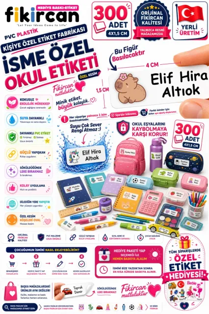İsme Özel Okul Etiketi - 300 Adet - 1.5 x 4 cm - PVC Etiket - FİGÜR 90