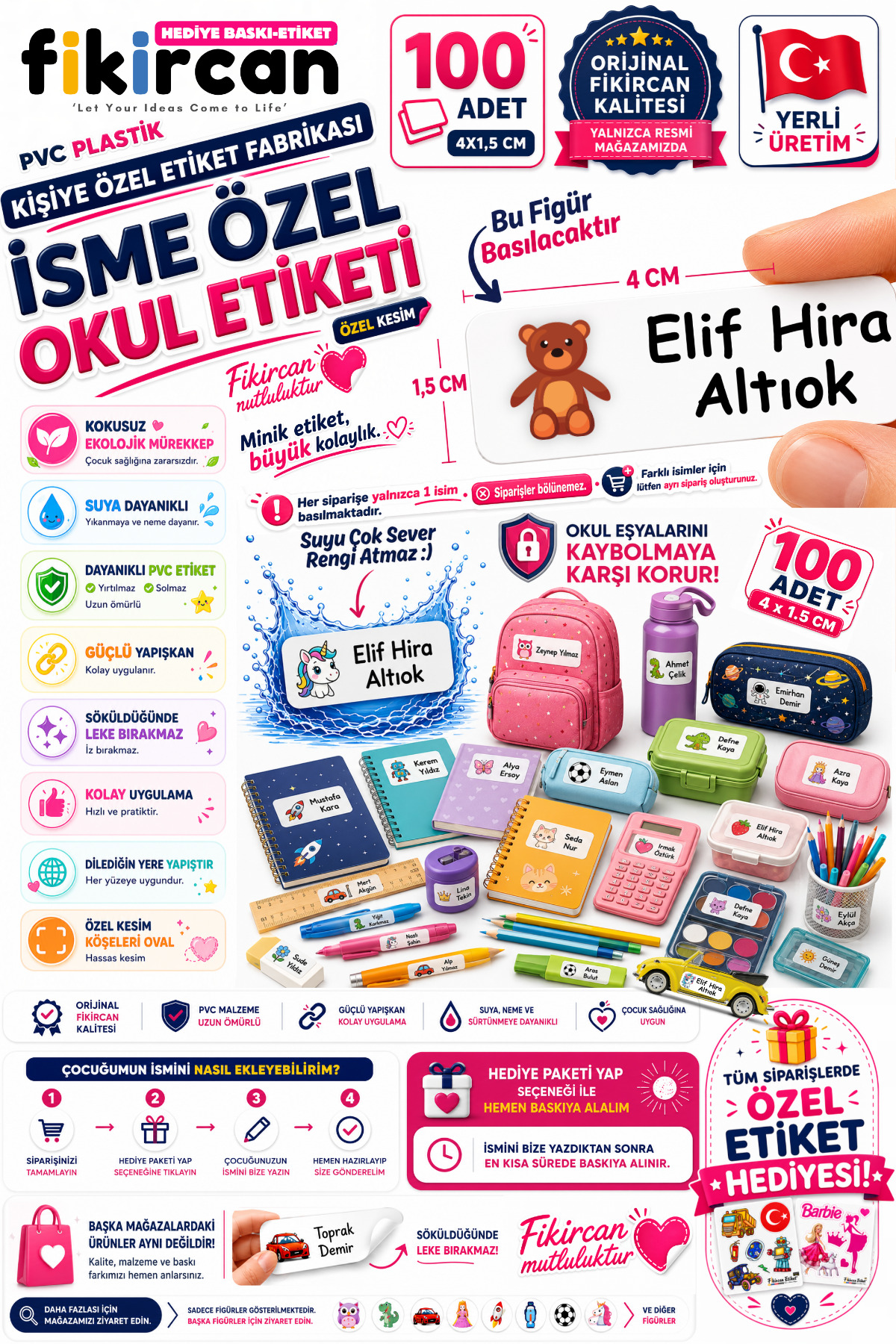 İsme Özel Okul Etiketi - 100 Adet - 1.5 x 4 cm - PVC Etiket - FİGÜR 29 1453260718175