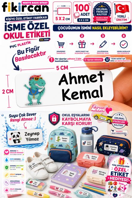 Isme Ozel Okul Etiketi - 100 Adet - 5 x 2 cm - PVC Etiket - FİGÜR 72