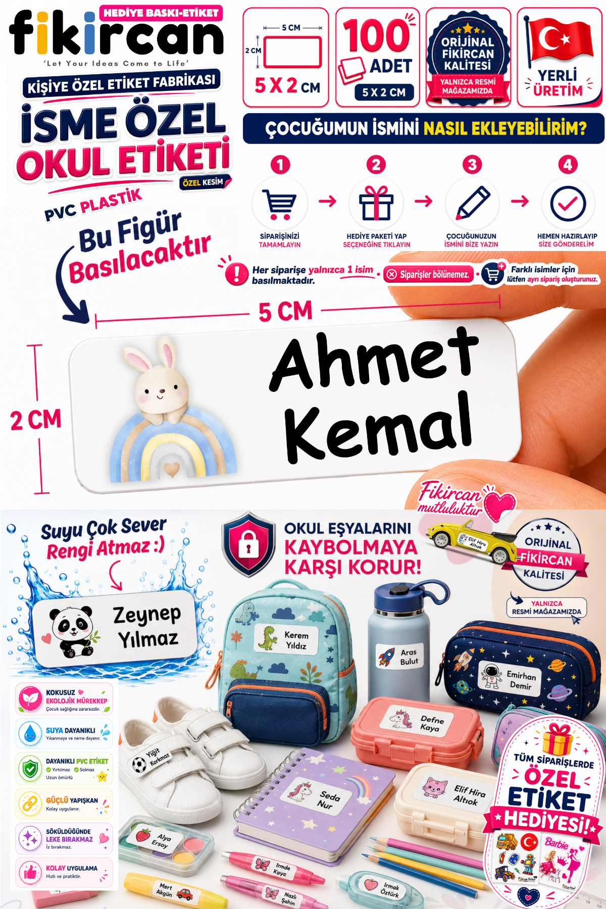 İsme Özel Okul Etiketi - 100 Adet - 5 x 2 cm - PVC Etiket - FİGÜR 123
