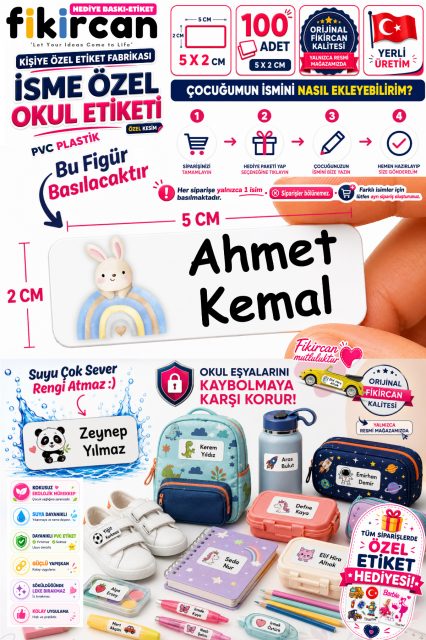 İsme Özel Okul Etiketi - 100 Adet - 5 x 2 cm - PVC Etiket - FİGÜR 123