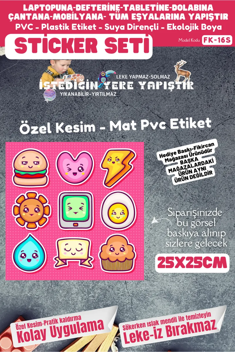 Fikircan Etiket Seti 25x25cm Pvc Sticker -Defter-Laptop-Tablet-Telefon-Dolap-Cam vb Her yere Yapışır — fotoğraf 1