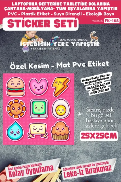 Fikircan Etiket Seti 25x25cm Pvc Sticker -Defter-Laptop-Tablet-Telefon-Dolap-Cam vb Her yere Yapışır