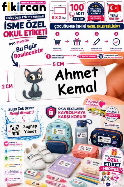 İsme Özel Okul Etiketi - 100 Adet - 5 x 2 cm - PVC Etiket - FİGÜR 84