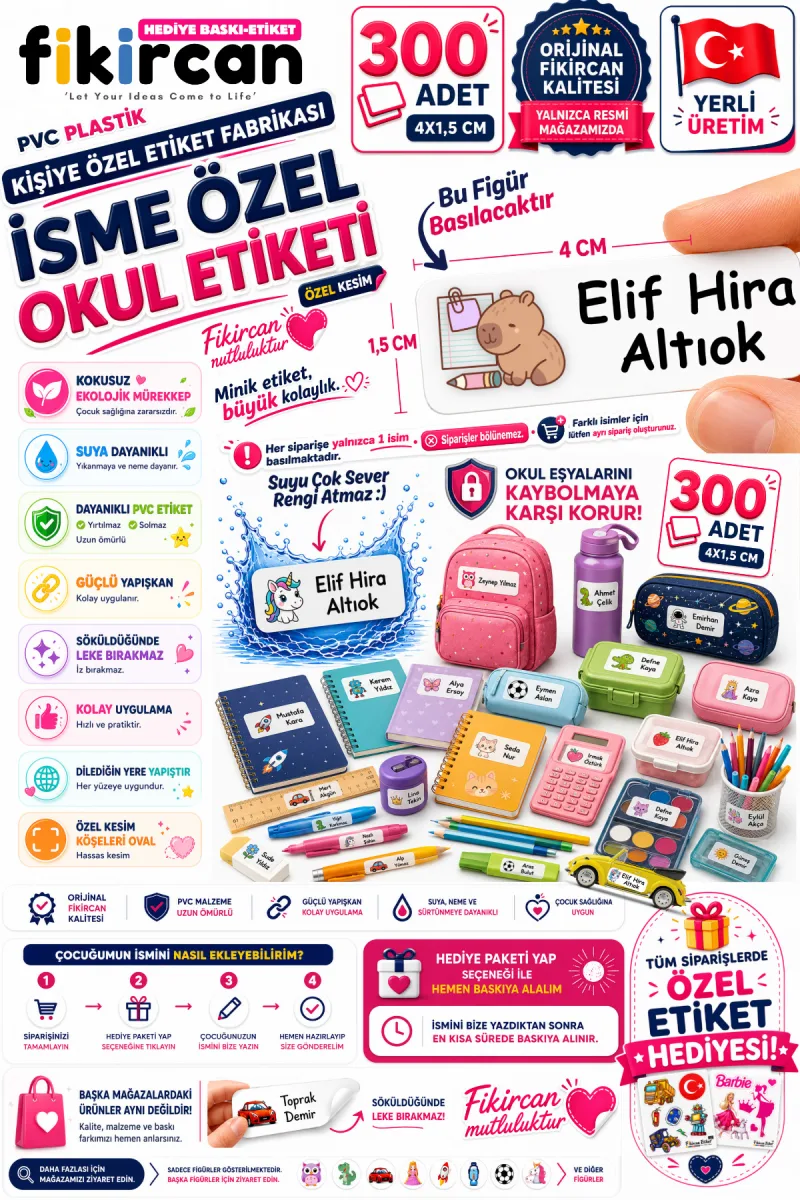 İsme Özel Okul Etiketi - 300 Adet - 1.5 x 4 cm - PVC Etiket - FİGÜR 57