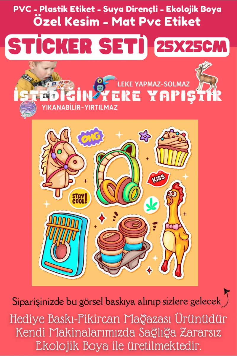 Fikircan Etiket Seti 25x25cm Pvc Sticker -Defter-Laptop-Tablet-Telefon-Dolap-Cam vb Her yere Yapışır — fotoğraf 2