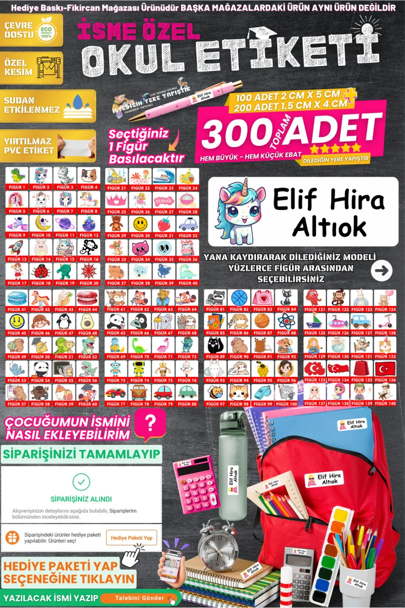 Fikircan-İsme Özel Okul Etiket Seti - 300 Adet - Kokusuz Ekolojik Mürekkep PVC ETİKET — fotoğraf 1