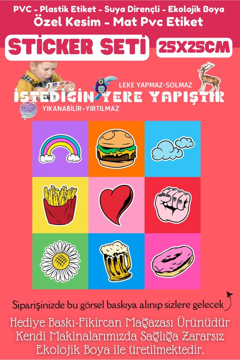 Fikircan Etiket Seti 25x25cm Pvc Sticker -Defter-Laptop-Tablet-Telefon-Dolap-Cam vb Her yere Yapışır — fotoğraf 2