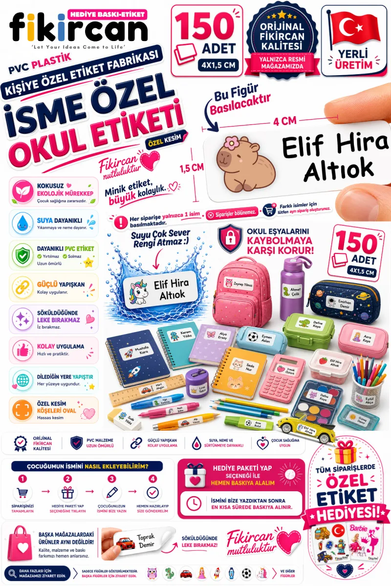 İsme Özel Okul Etiketi - 150 Adet - 1.5 x 4 cm - PVC Etiket - FİGÜR 90