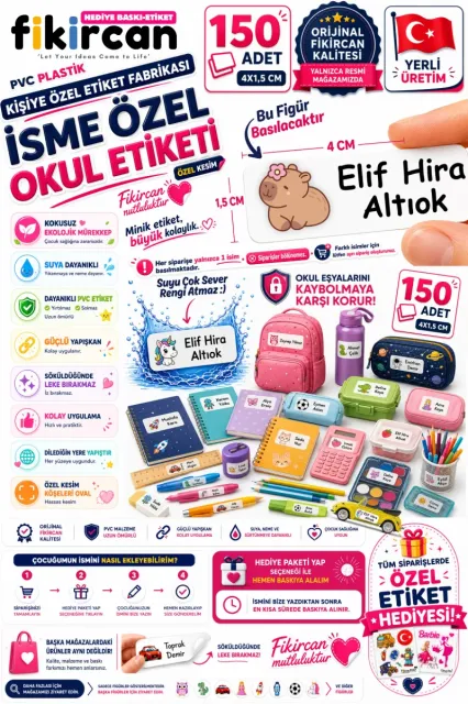 İsme Özel Okul Etiketi - 150 Adet - 1.5 x 4 cm - PVC Etiket - FİGÜR 90