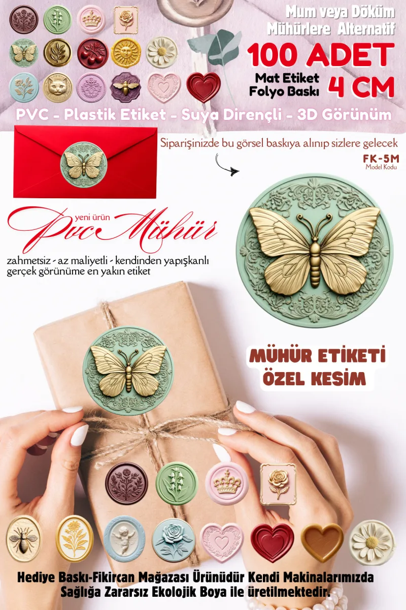 MÜHÜR ETİKETİ 100 Adet Kokusuz Ekolojik Mürekkep PVC ETİKET 4 CM MUM VE DÖKÜM ALTERNATİF — fotoğraf 1