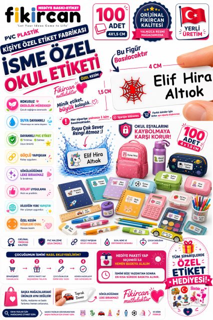 İsme Özel Okul Etiketi - 100 Adet - 1.5 x 4 cm - PVC Etiket - FİGÜR 20