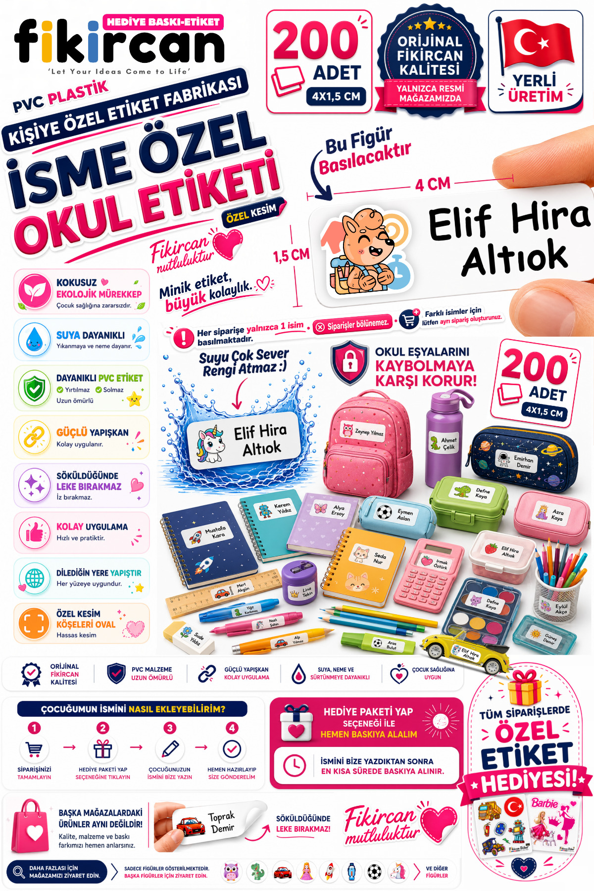 İsme Özel Okul Etiketi - 200 Adet - 1.5 x 4 cm - PVC Etiket - FİGÜR 92 1453260718226