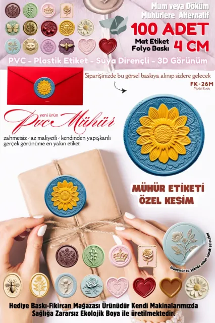 MÜHÜR ETİKETİ 100 Adet Kokusuz Ekolojik Mürekkep PVC ETİKET 4 CM MUM VE DÖKÜM ALTERNATİF