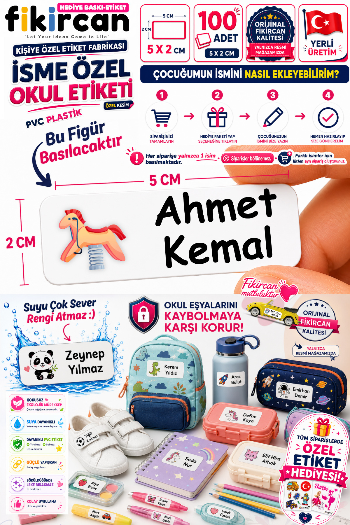 Isme Ozel Okul Etiketi - 100 Adet - 5 x 2 cm - PVC Etiket - FİGÜR 42