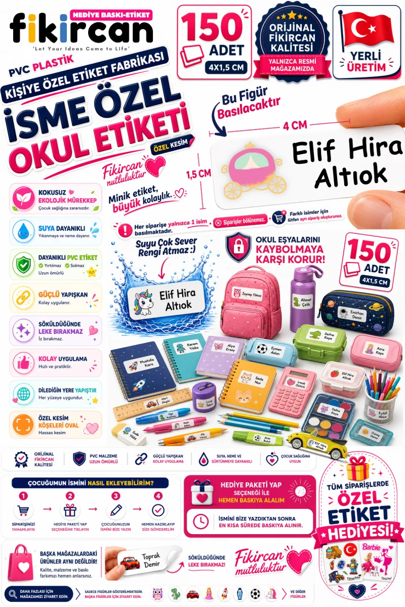 İsme Özel Okul Etiketi - 150 Adet - 1.5 x 4 cm - PVC Etiket - FİGÜR 28
