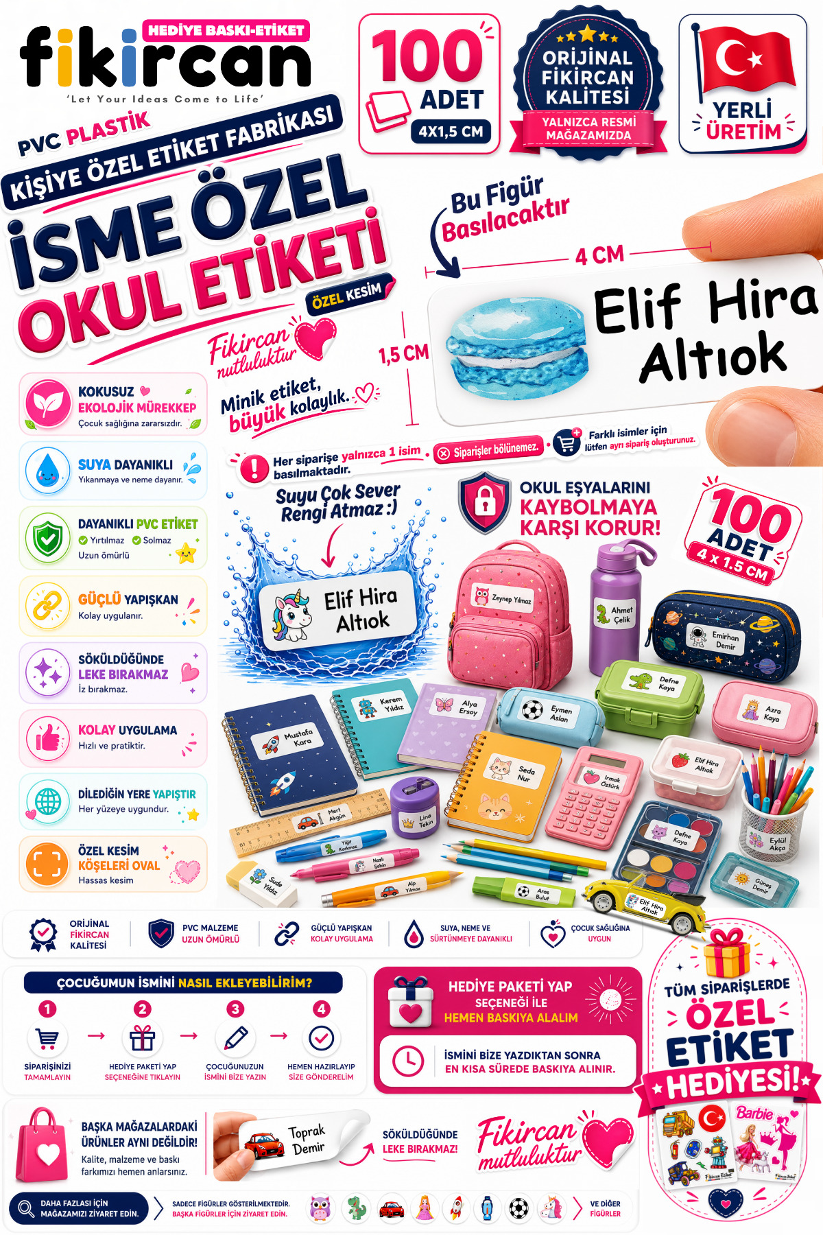 İsme Özel Okul Etiketi - 100 Adet - 1.5 x 4 cm - PVC Etiket - FİGÜR 41