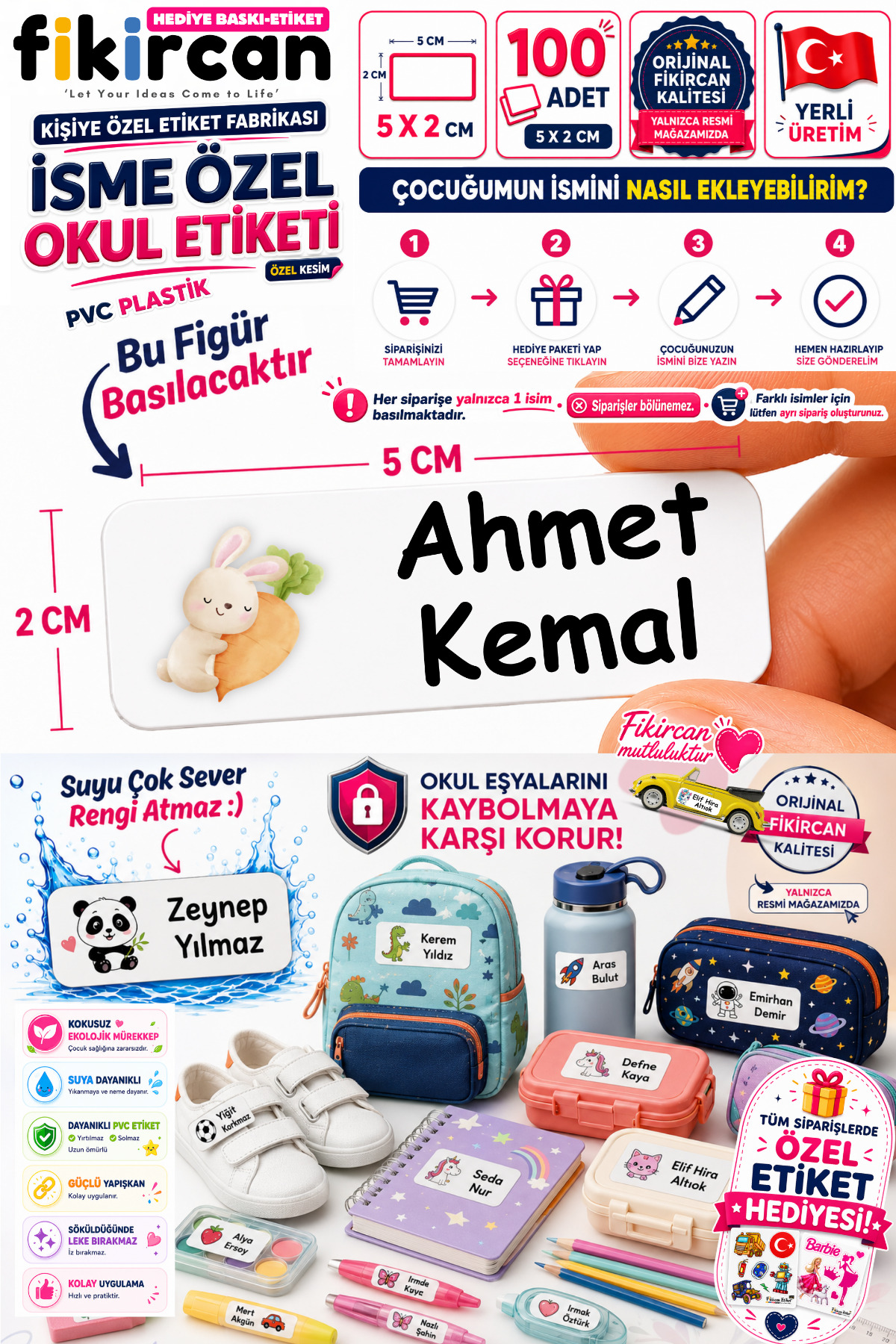 Isme Ozel Okul Etiketi - 100 Adet - 5 x 2 cm - PVC Etiket - FİGÜR 43