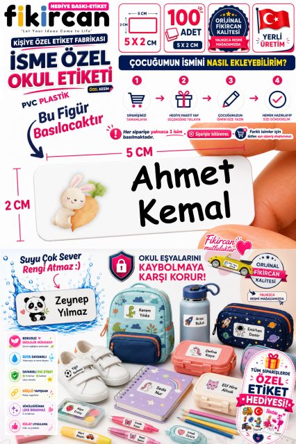 Isme Ozel Okul Etiketi - 100 Adet - 5 x 2 cm - PVC Etiket - FİGÜR 43