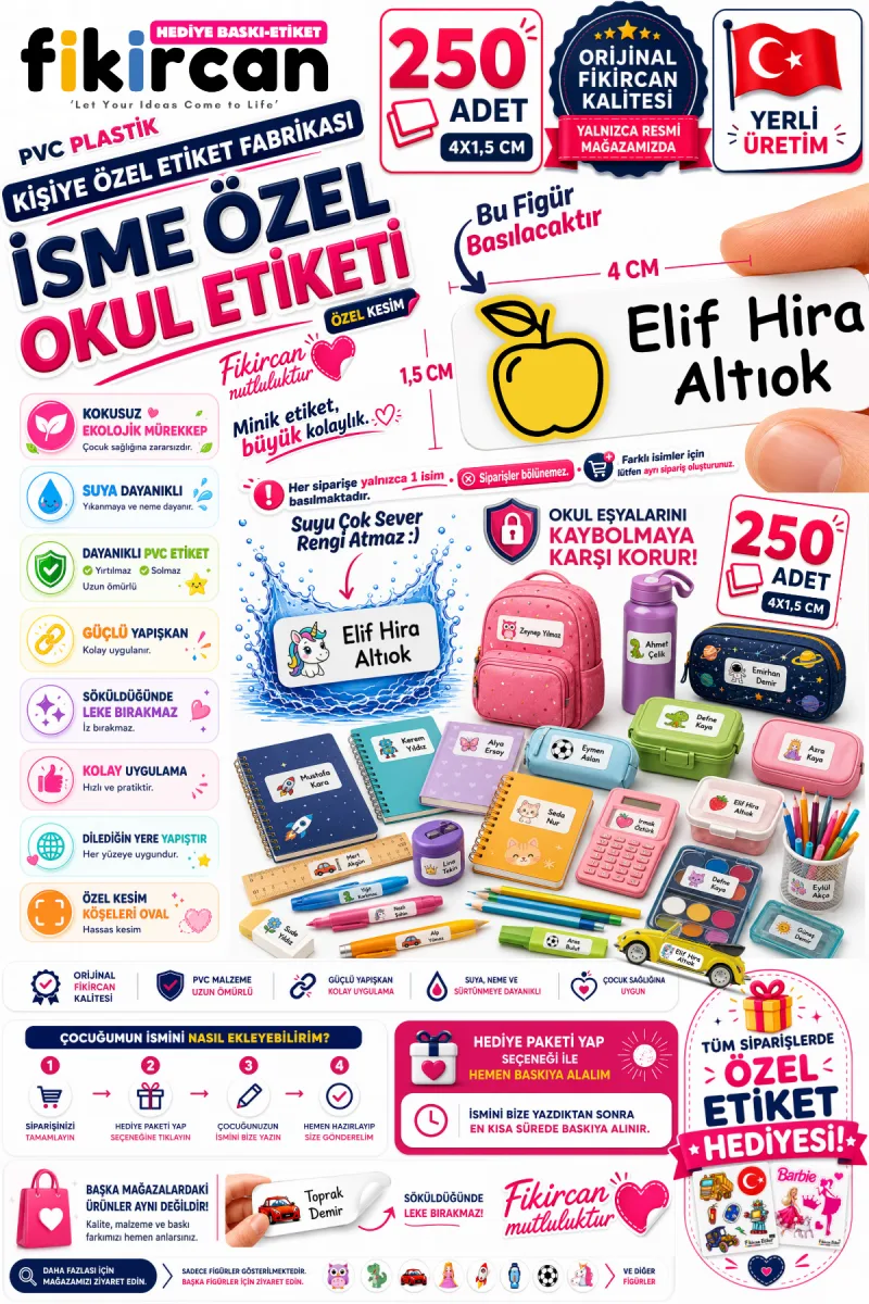 İsme Özel Okul Etiketi - 250 Adet - 1.5 x 4 cm - PVC Etiket - FİGÜR 109