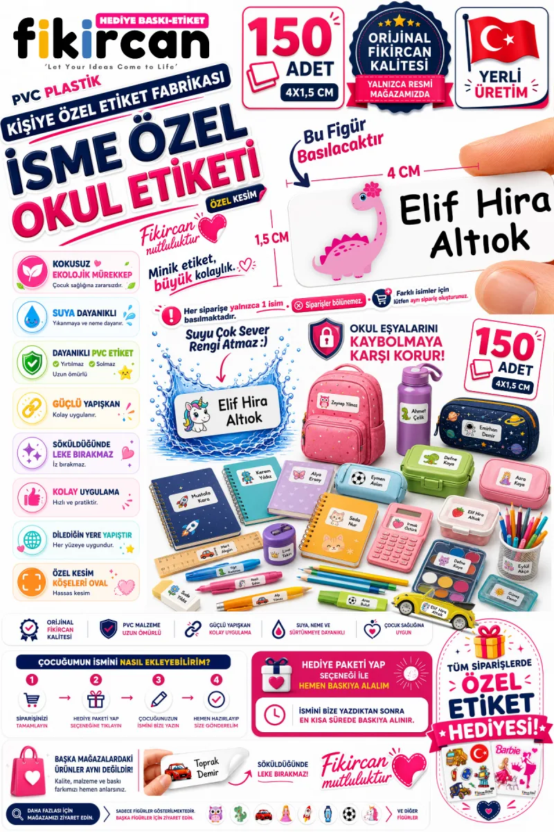 İsme Özel Okul Etiketi - 150 Adet - 1.5 x 4 cm - PVC Etiket - FİGÜR 71