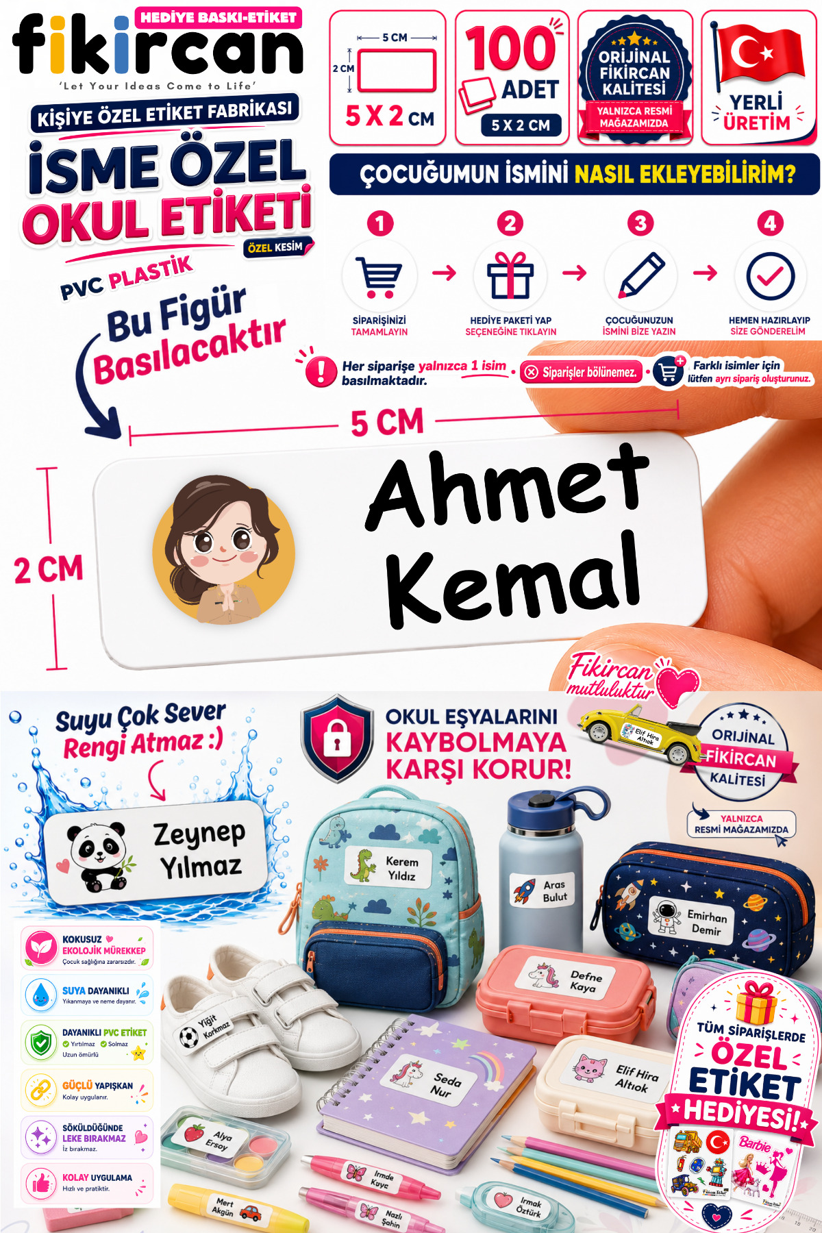 İsme Özel Okul Etiketi - 100 Adet - 5 x 2cm - PVC Etiket - FİGÜR 96