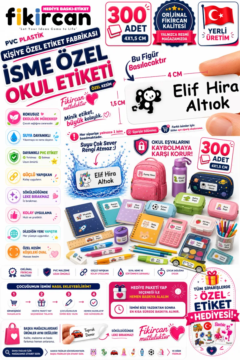 İsme Özel Okul Etiketi - 300 Adet - 1.5 x 4 cm - PVC Etiket - FİGÜR 16
