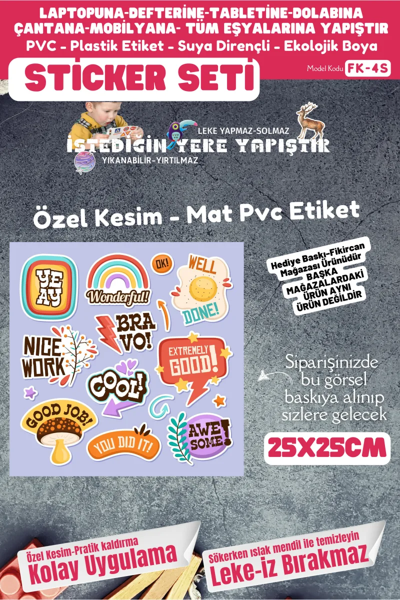 Fikircan Etiket Seti 25x25cm Pvc Sticker -Defter-Laptop-Tablet-Telefon-Dolap-Cam vb Her yere Yapışır — fotoğraf 1