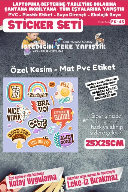 Fikircan Etiket Seti 25x25cm Pvc Sticker -Defter-Laptop-Tablet-Telefon-Dolap-Cam vb Her yere Yapışır