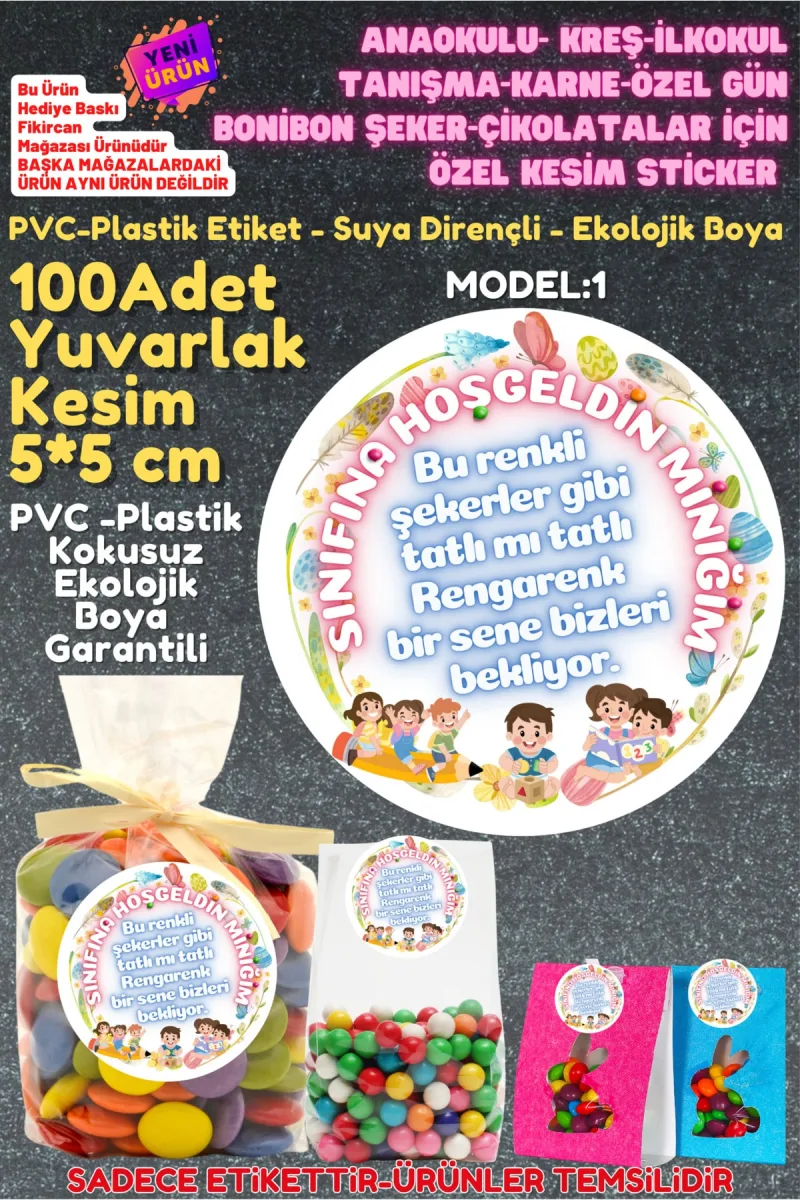 ANAOKULU- KREŞ-İLKOKUL TANIŞMA-KARNE-ÖZEL GÜN BONİBON ŞEKER-ÇİKOLATALAR İÇİN ÖZEL KESİM STİCKER