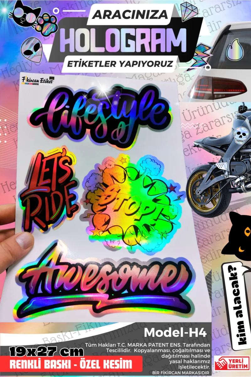 Fikircan-Hologram Etiket- Araba ve Motorsiklet Cam ve Kaporta Uyumlu Renkli Baskı Özel Kesim Sticker — fotoğraf 1
