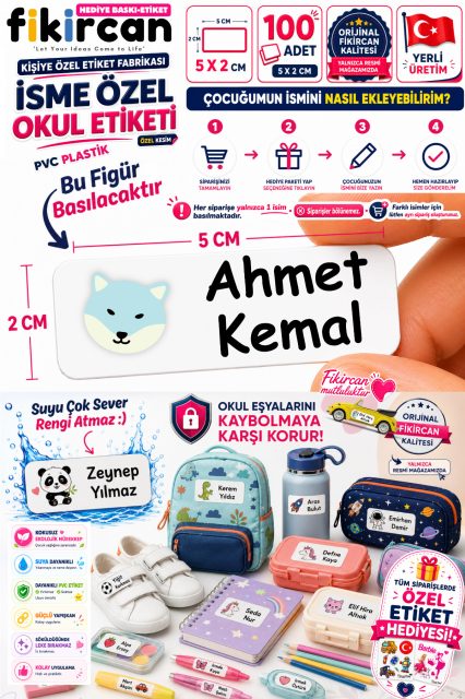İsme Özel Okul Etiketi - 100 Adet - 5 x 2cm - PVC Etiket - FİGÜR 38