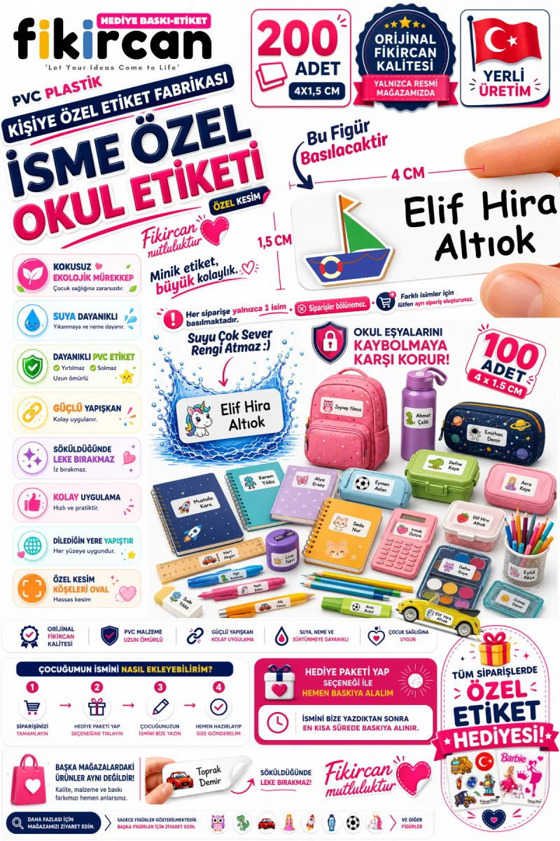 İsme Özel Okul Etiketi - 200 Adet - 1,5 x 4 cm - PVC Etiket - - FİGÜR 125 — fotoğraf 1