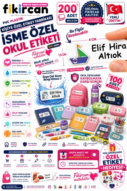 İsme Özel Okul Etiketi - 200 Adet - 1,5 x 4 cm - PVC Etiket - - FİGÜR 125