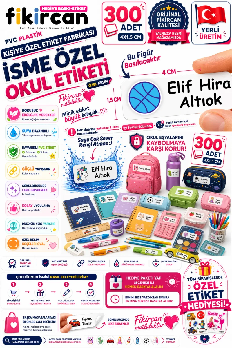 İsme Özel Okul Etiketi - 300 Adet - 1.5 x 4 cm - PVC Etiket - FİGÜR 82