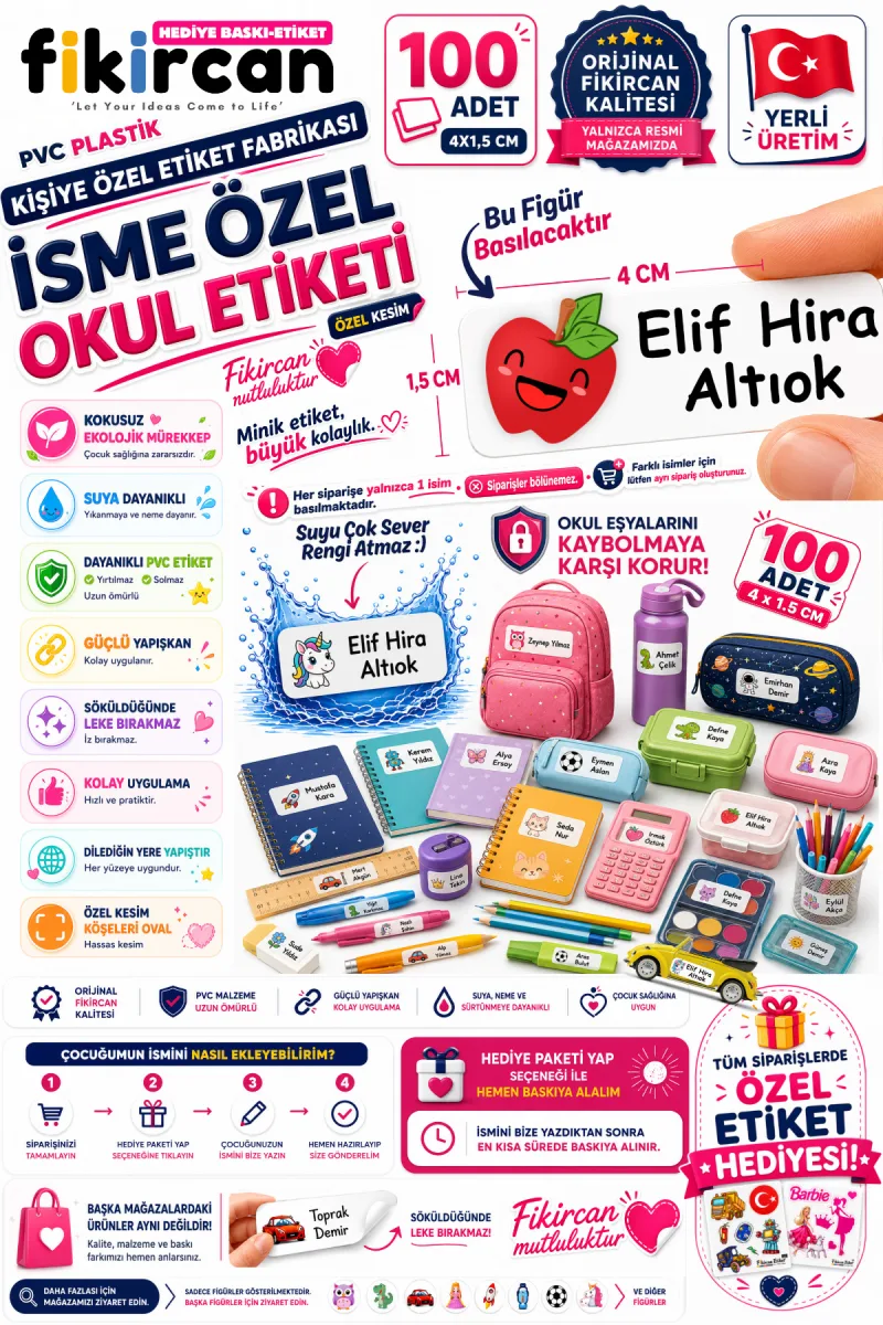 İsme Özel Okul Etiketi - 100 Adet - 1.5 x 4 cm - PVC Etiket - FİGÜR 115