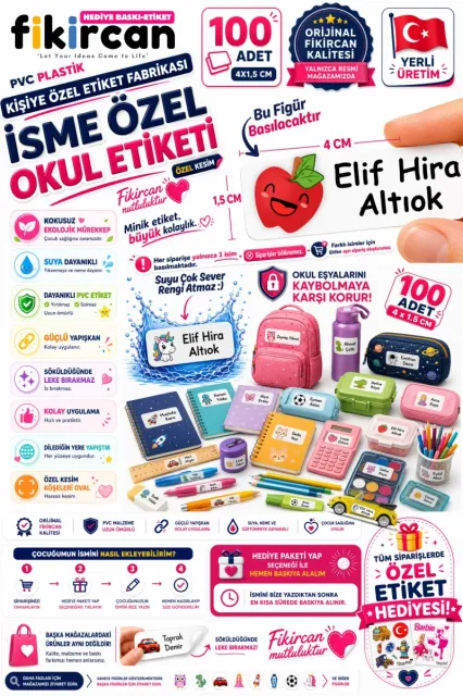 İsme Özel Okul Etiketi - 100 Adet - 1.5 x 4 cm - PVC Etiket - FİGÜR 115