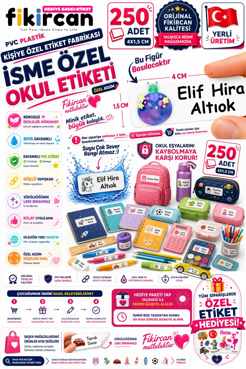 İsme Özel Okul Etiketi - 250 Adet - 1.5 x 4 cm - PVC Etiket - FİGÜR 12