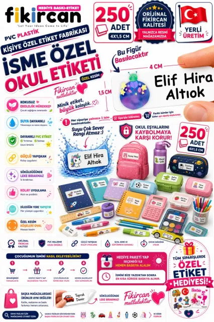 İsme Özel Okul Etiketi - 250 Adet - 1.5 x 4 cm - PVC Etiket - FİGÜR 12