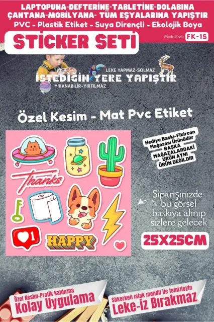 Fikircan Etiket Seti 25x25cm Pvc Sticker -Defter-Laptop-Tablet-Telefon-Dolap-Cam vb Her yere Yapışır