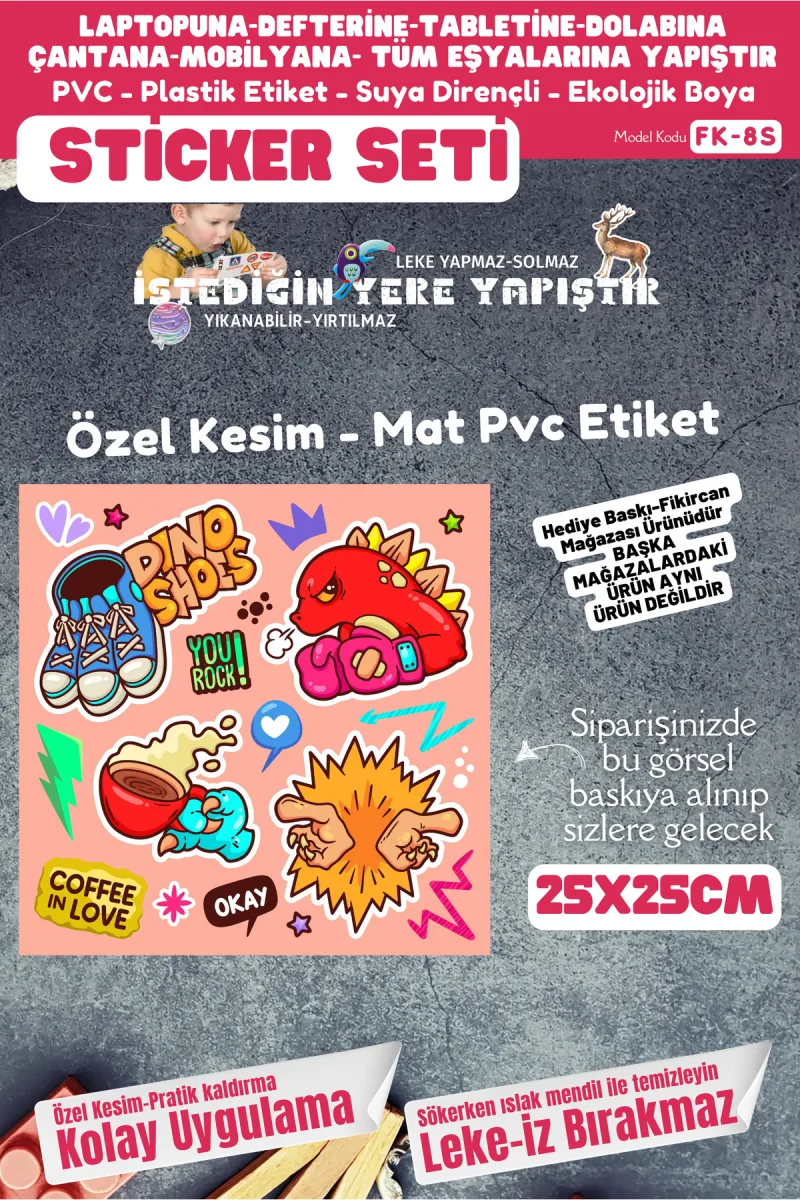 Fikircan Etiket Seti 25x25cm Pvc Sticker -Defter-Laptop-Tablet-Telefon-Dolap-Cam vb Her yere Yapışır — fotoğraf 1