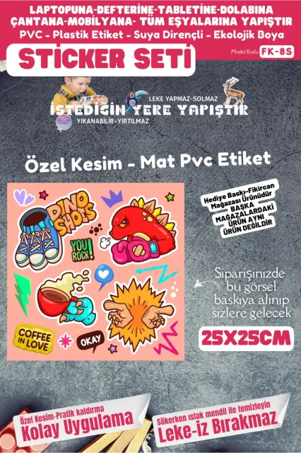 Fikircan Etiket Seti 25x25cm Pvc Sticker -Defter-Laptop-Tablet-Telefon-Dolap-Cam vb Her yere Yapışır