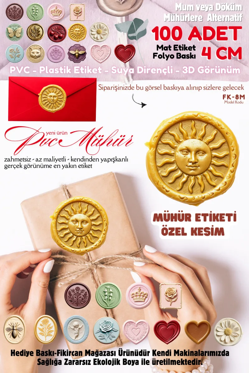 MÜHÜR ETİKETİ 100 Adet Kokusuz Ekolojik Mürekkep PVC ETİKET 4 CM MUM VE DÖKÜM ALTERNATİF — fotoğraf 1