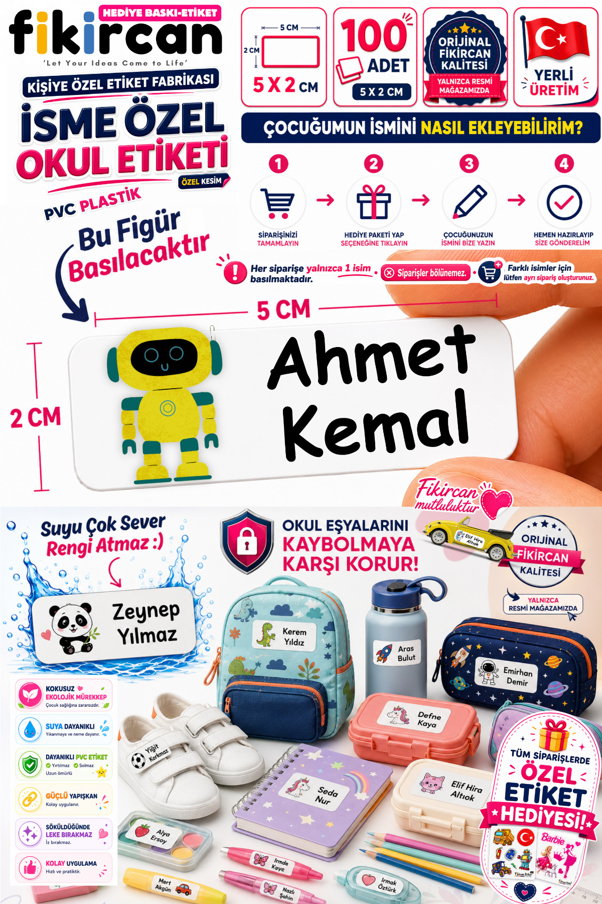 İsme Özel Okul Etiketi - 100 Adet - 5 x 2 cm - PVC Etiket - FİGÜR 74