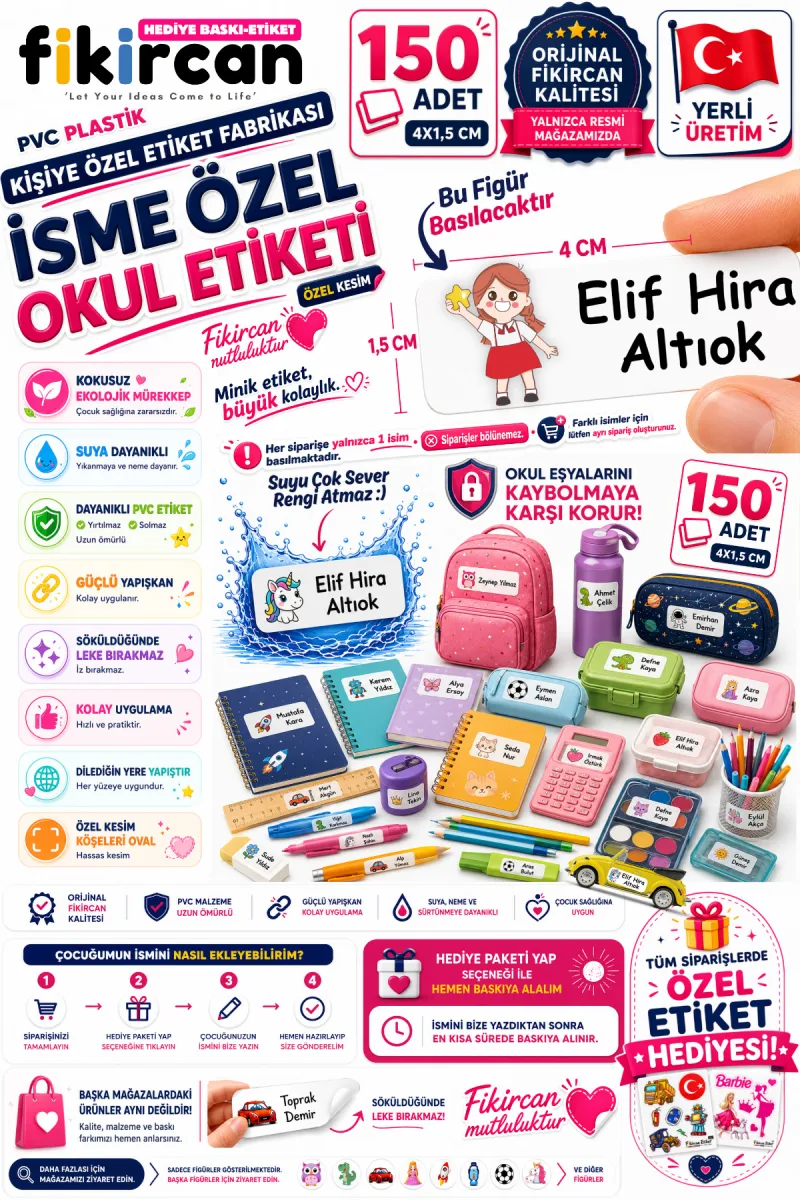 İsme Özel Okul Etiketi - 150 Adet - 1.5 x 4 cm - PVC Etiket - FİGÜR 17