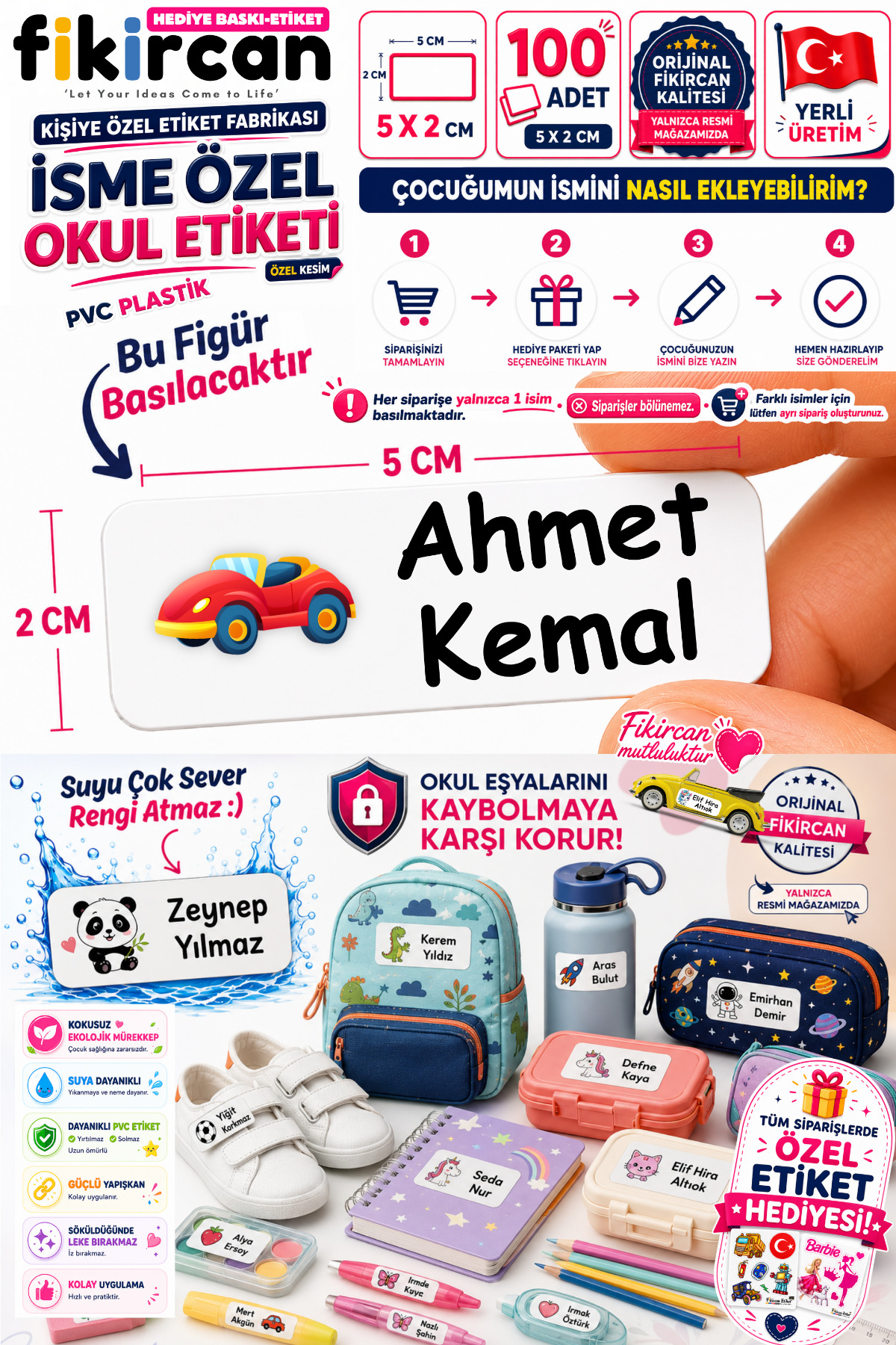 İsme Özel Okul Etiketi - 100 Adet - 5 x 2 cm - PVC Etiket - FİGÜR 77
