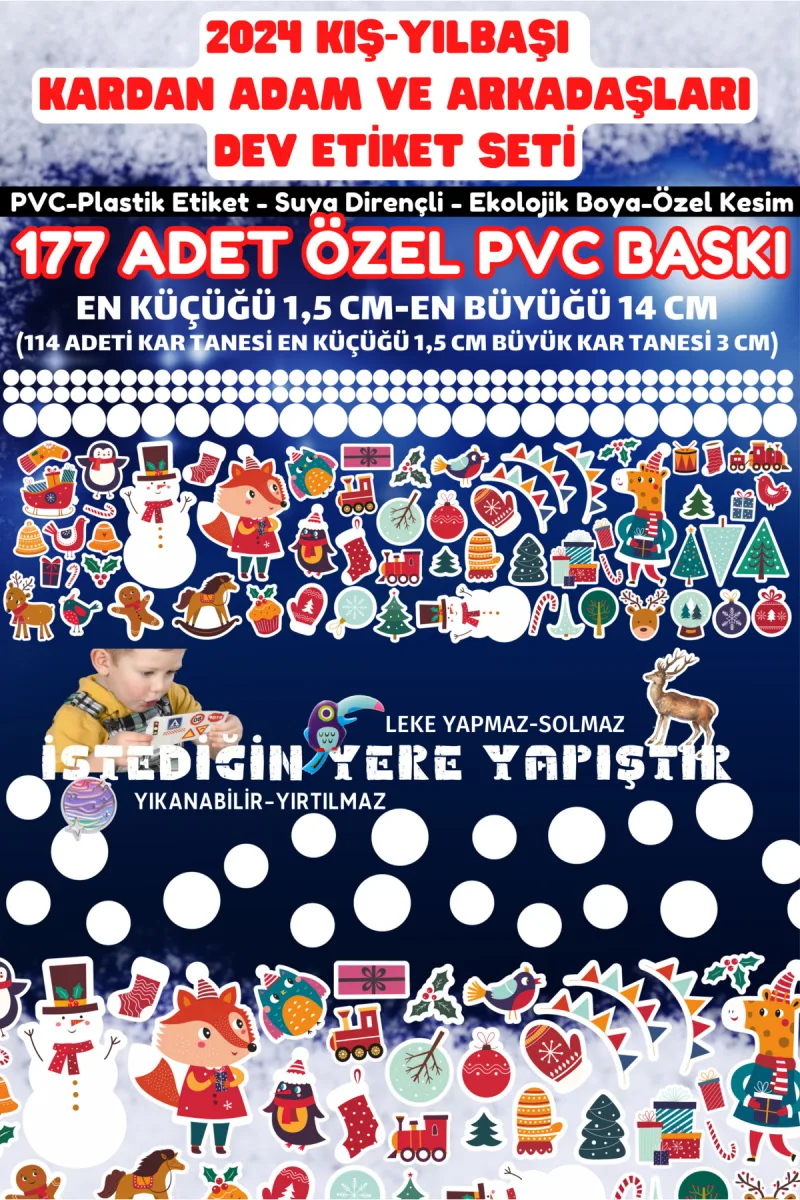 - KIŞ YILBAŞI KARDAN ADAM VE ARKADAŞLARI İLE KAR TANELERİ ETİKET SETİ 177 ADET — fotoğraf 5